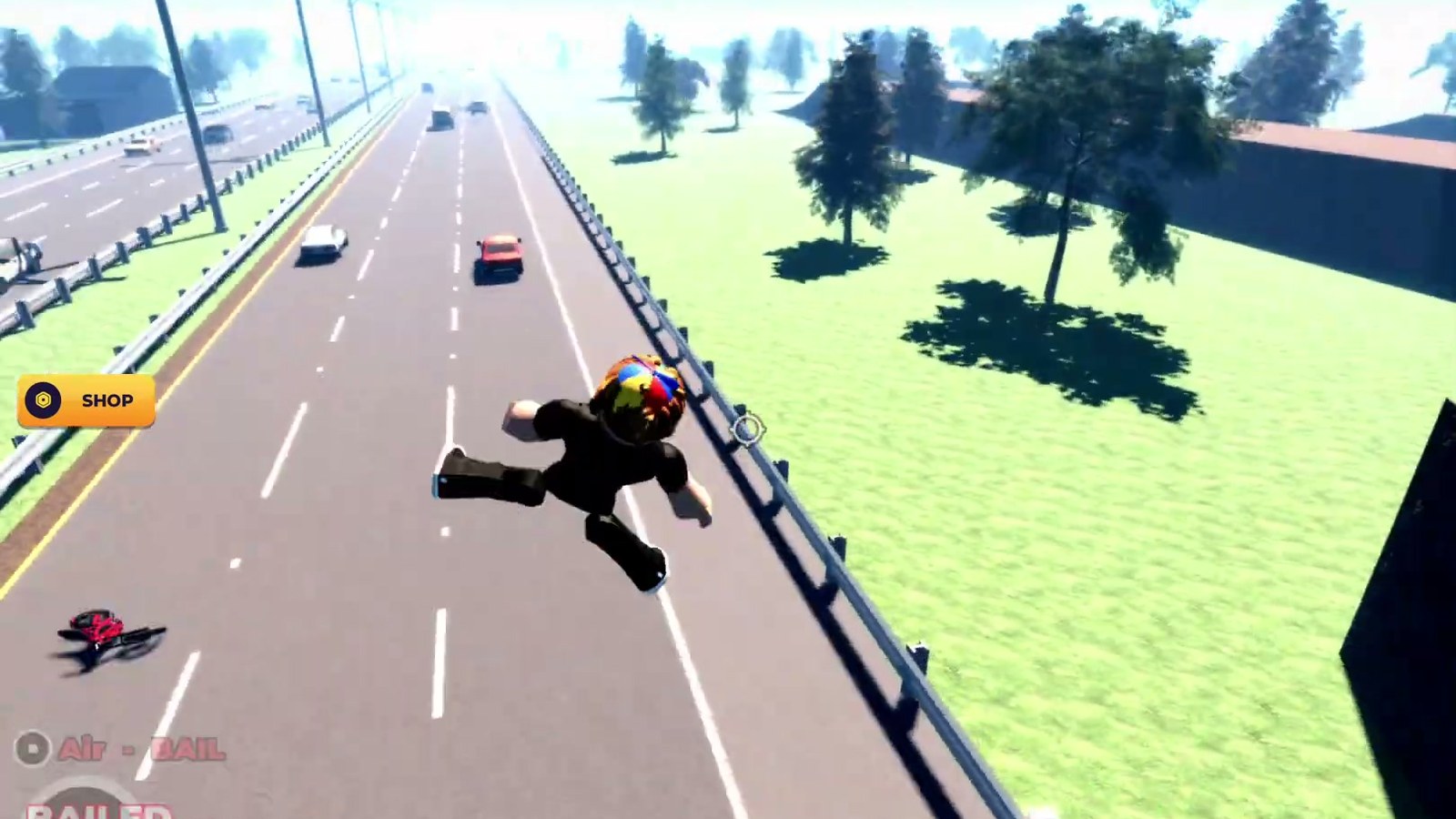 A rider mid-air over a multi-lane road in Bike Universe