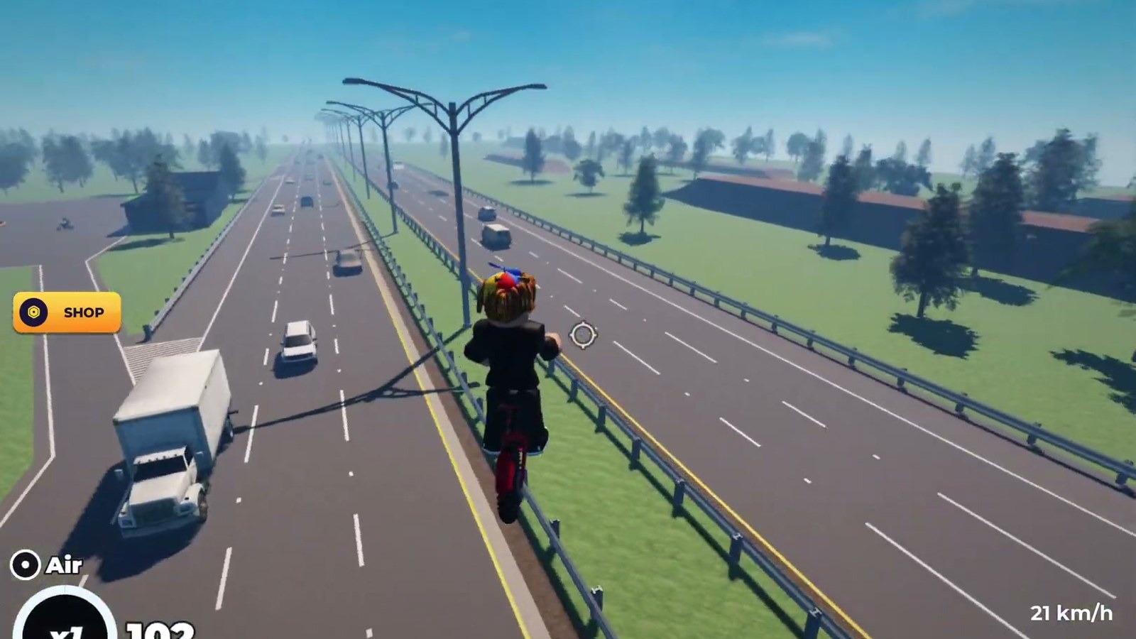 A rider alongside traffic on a multi-lane highway in Bike Universe